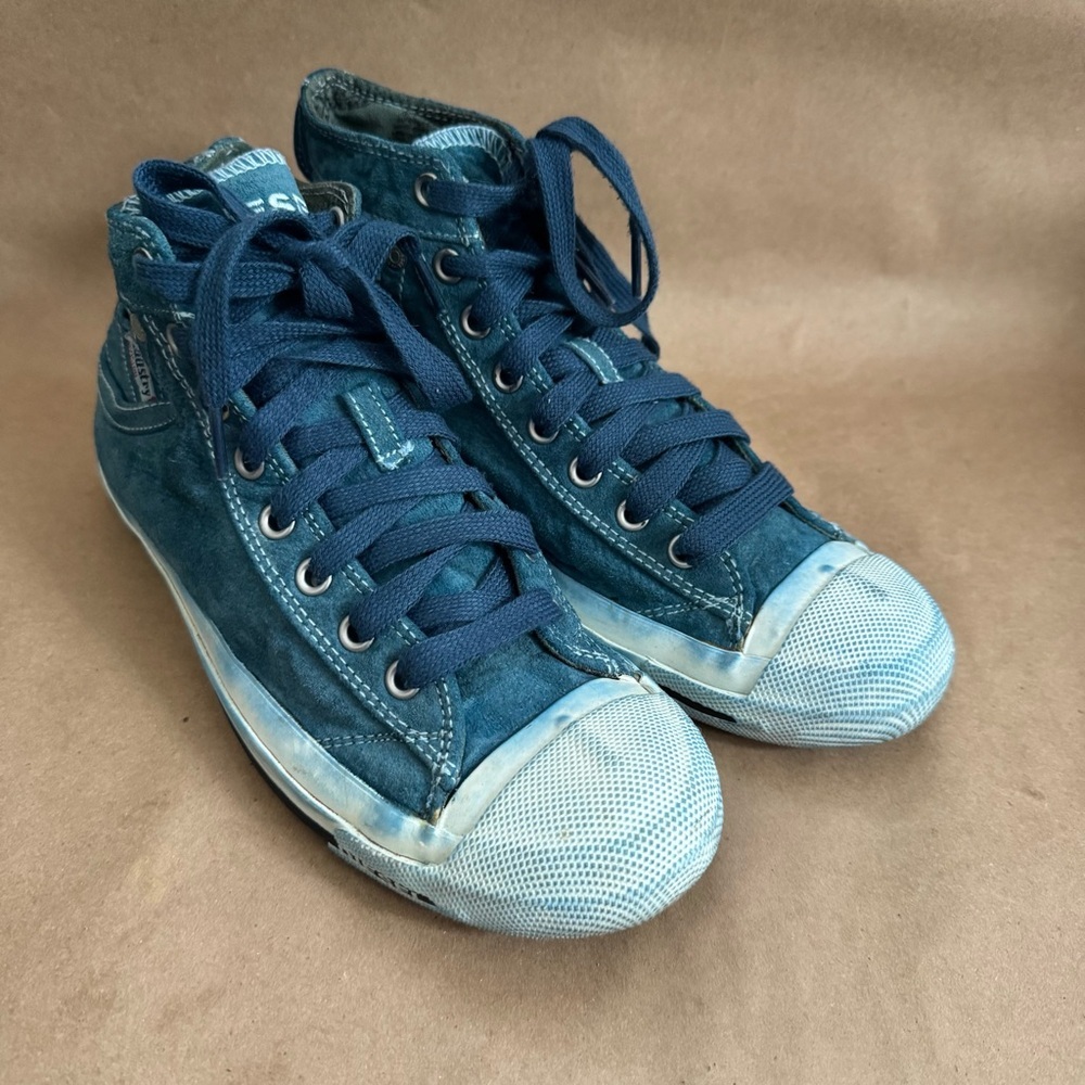 Diesel Blue Leather Distressed Denim Wash High Top Sneakers. Size 7